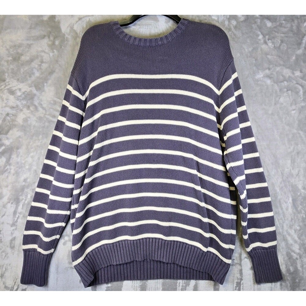 John Galt Fisherman Sweater Womens XL Blue Gray White Stripe Crewneck Ribbed Hem